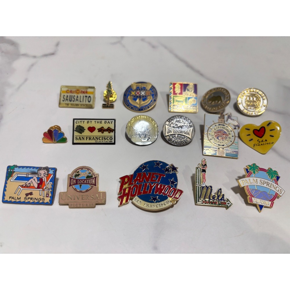 Vtg 17 pc California Souvenir Pin Lot San Francisco Muir Woods Planet Hollywood